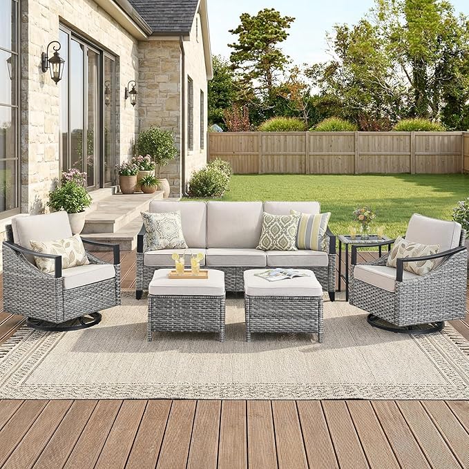 6 Piece Outdoor Patio Furniture Sets-High Back Wicker Swivel Rocker Patio Chairs Set of 2 with Thick Cushions Ottomans, Outdoor Sofa, Patio Conversation Sets for Porch Balcony Patio Deck Grey/Beige