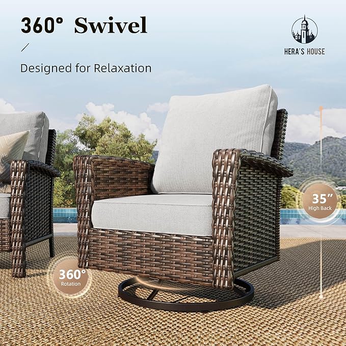 HERA'S HOUSE Gray Patio Furniture Set with High Back Swivel Chairs, Comfy Outdoor Wicker Conversation Sofa Sets with 5.5" Waterproof Cushions for Deck Lawn Backyard