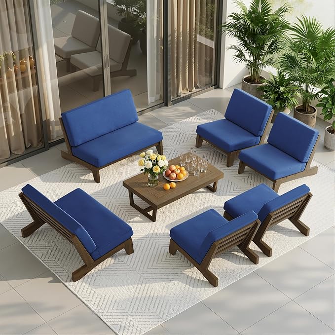 UIXE 7 Pieces Wood Patio Furniture Sets, 2 Patio Loveseat, 4 Patio Bistro Chair, All Weather Outdoor Sectional Sofa Furniture Backyard Conversation Set with Coffee Table - Navy