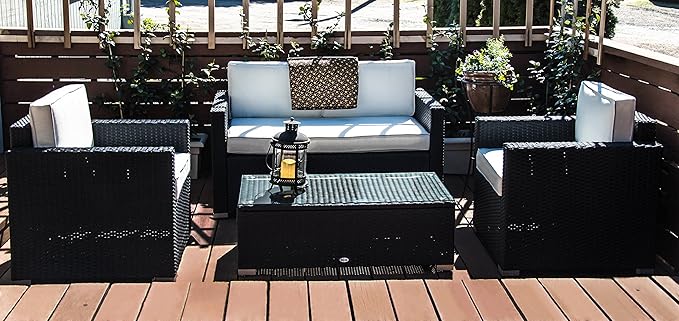 Outsunny 4 Piece Wicker Patio Furniture Set with Cushions, Outdoor Sectional Furniture with 2 Sofa, Loveseat, and Glass Top Coffee Table, Conversation Sofa Sets for Garden, Cream White