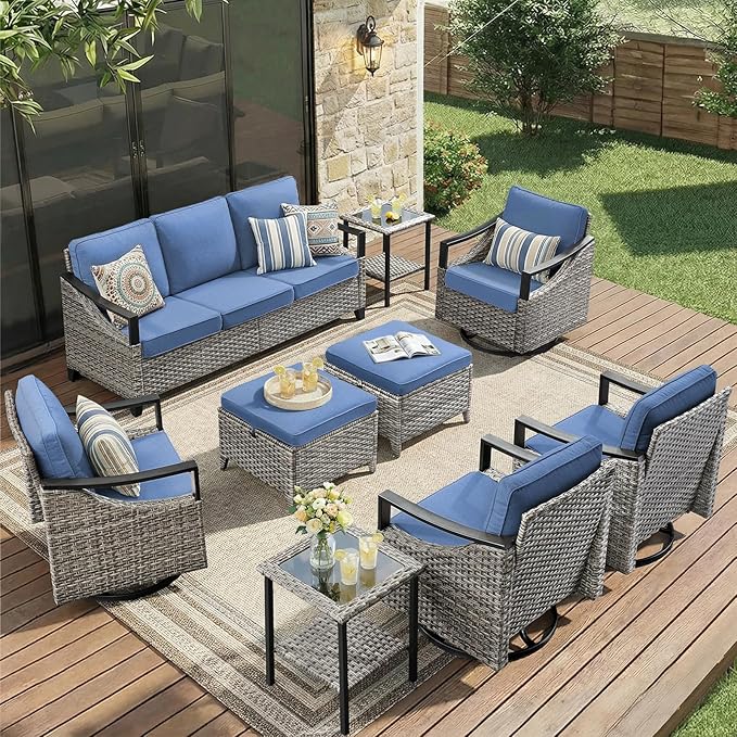9 Piece Outdoor Patio Furniture Sets-High Back Wicker Swivel Rocker Patio Chairs Set of 4 with Thick Cushions Ottomans, Outdoor Sofa, Patio Conversation Sets for Porch Balcony Patio Deck Grey/Blue