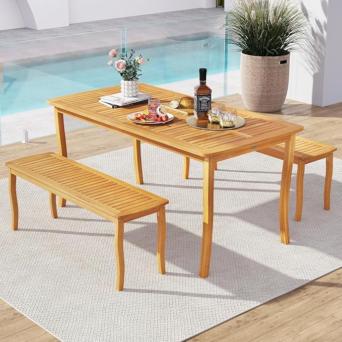 Tangkula 3 Pieces Patio Wood Dining Set, 63 Inch Outdoor Acacia Rectangular Table with 1.97” Umbrella Hole and Benches Set, for Deck, Garden and Backyard