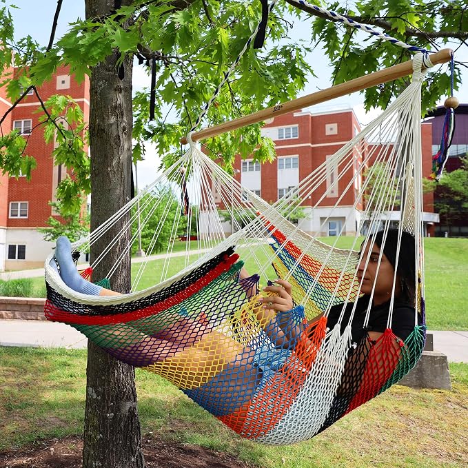 Bliss Hammocks BHC-412 Island Rope Hammock Chair, Eco Friendly & Hand-Woven Recycled Cotton, Varnish Coated 40 Inch Wood Spreader Bar, Easy to Hang w/Included Hanging Kit, Supports up to 265 pounds
