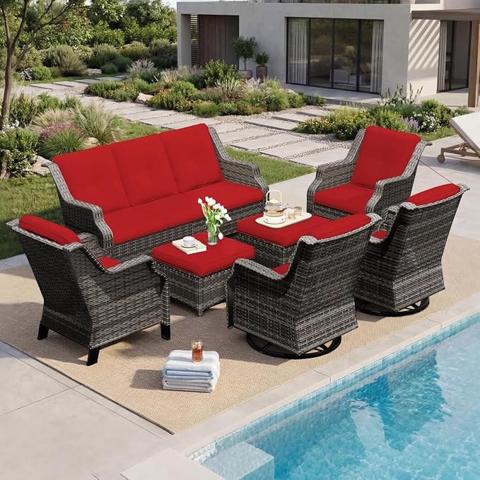 7 Pieces Patio Furniture Set, Outdoor Furniture Set with 2 Patio Swivel Rocking Chairs, 2 Patio Wicker Chair, 2 Ottoman, 1 Outdoor Wicker Sofa, Ideal for Backyard, Garden, Poolside, Red