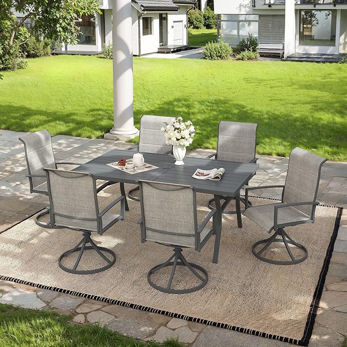 VICLLAX 7 Pieces Outdoor Dining Set, Patio Furniture Set Includes 63" Rectangular Metal Table W/ 1.9" Umbrella Hole and 6 Padded Textilene Swivel Chairs for Porch, Lawn, Garden, Backyard