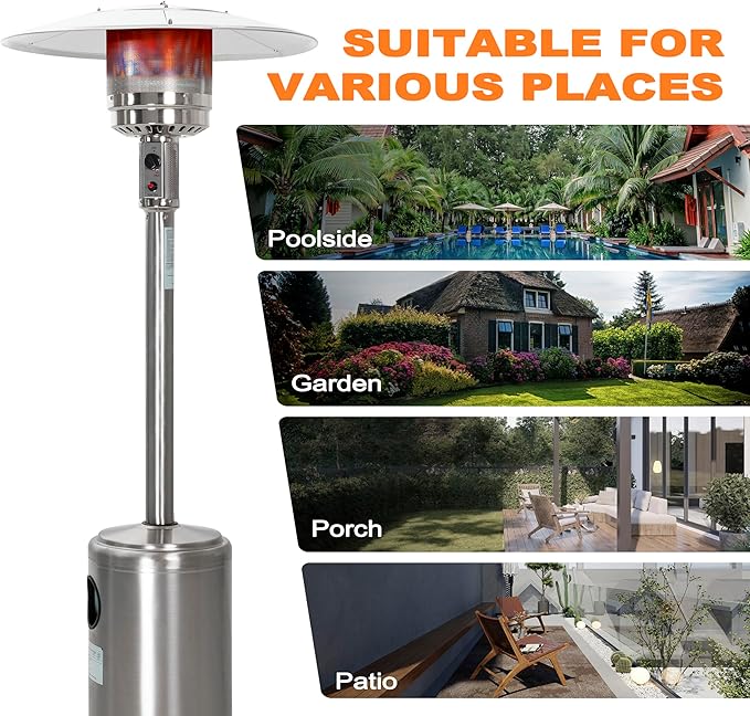 Nuu Garden Outdoor 46,000 BTU Stainless Steel Propane Gas Patio Heater with Wheels, Removable Stainless Iron Heater for Patio, Backyard, Garden, Porch, Silver