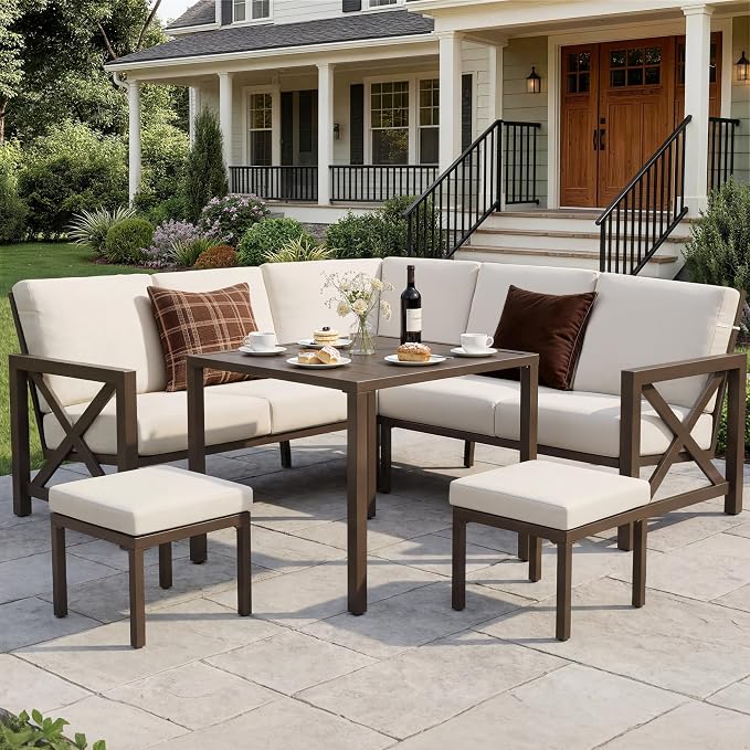 NATURAL EXPRESSIONS 8 Pieces Patio Furniture Sets,Metal Outdoor Sectional Couch L Shape Conversation Set,Highback Patio Sofa with Dining Table,2 Ottomans,Large Waterproof Cover,6.5" Cushion for Yard