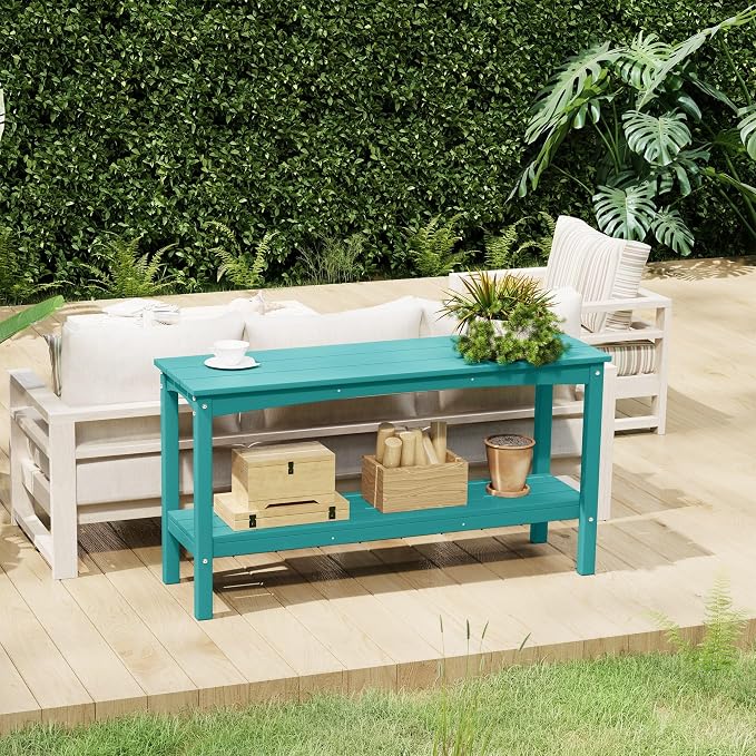 Costaelm Adirondack Outdoor Side Table, 55” HDPE Small Outside Table with Storage Shelf, Weather Resistant Plant Shelf, Outdoor Coffee Table and Buffet Table for Pool & Yard, Turquoise