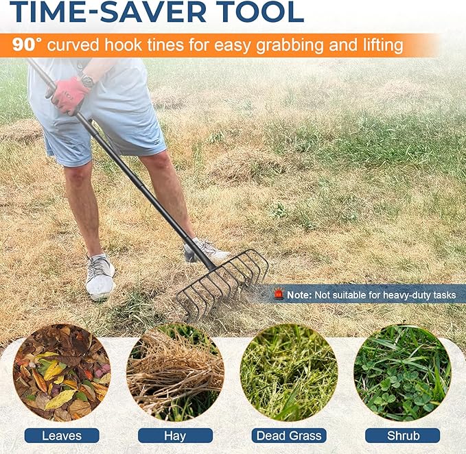 Thatch Rake, 16-Inch Heavy Duty Metal Garden Rake with 56-Inch Handle & 11 Steel Tines – Lawn Thatch Removal Tool for Leaves, Mulch, Pine Needles, Grass & Yard Debris