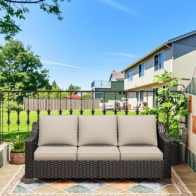 77'' Patio Sofa, All Weather Outdoor Rattan Wicker 3-Seat Sofa High Back Couch with Premium Cushions for Garden Backyard Porch(Brown/Beige)