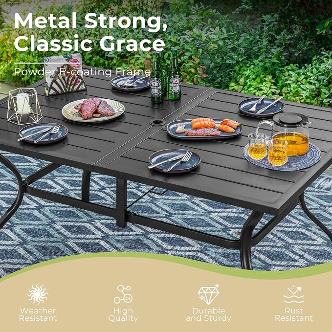 MIXPATIO Outdoor Patio Dining Table for 6, 60" x 37" Rectangular Metal Patio Dining Table with Umbrella Hole for Garden, All Weather Wrought Iron Black Outdoor Table Backyard and Porch, Black
