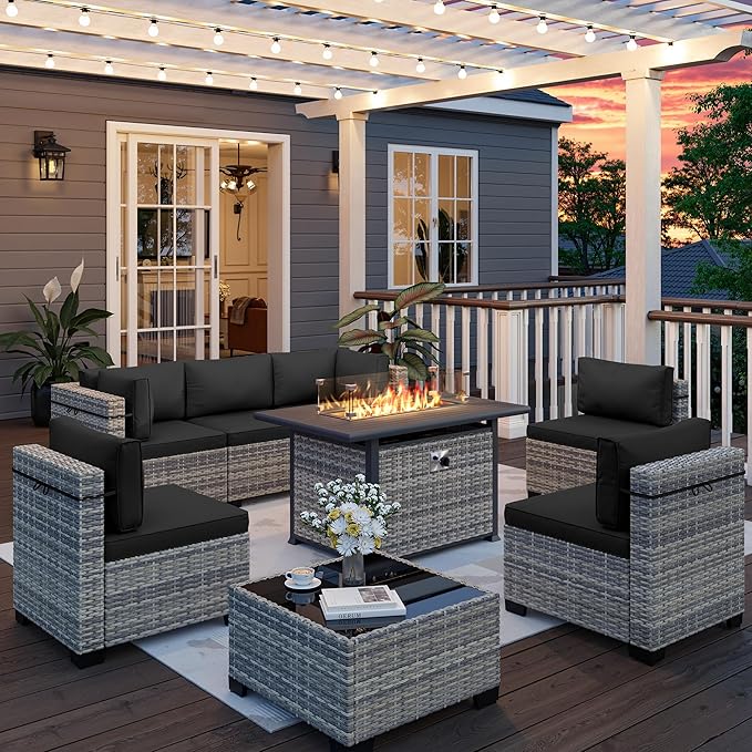 8-Piece Outdoor Patio Furniture Set with 55,000 BTU Fire Pit Table, PE Wicker Rattan Sectional Sofa Conversation Set - All-Weather Garden, Backyard Furniture, Dark Grey