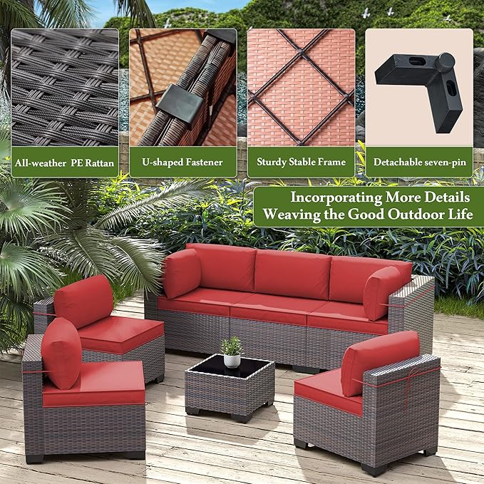 7 Pieces Outdoor Patio Furniture Set,Outdoor Sectional Furniture All Weather PE Rattan Wicker Patio Conversation Set with Coffee Table and 6 Thickened Cushions,Red