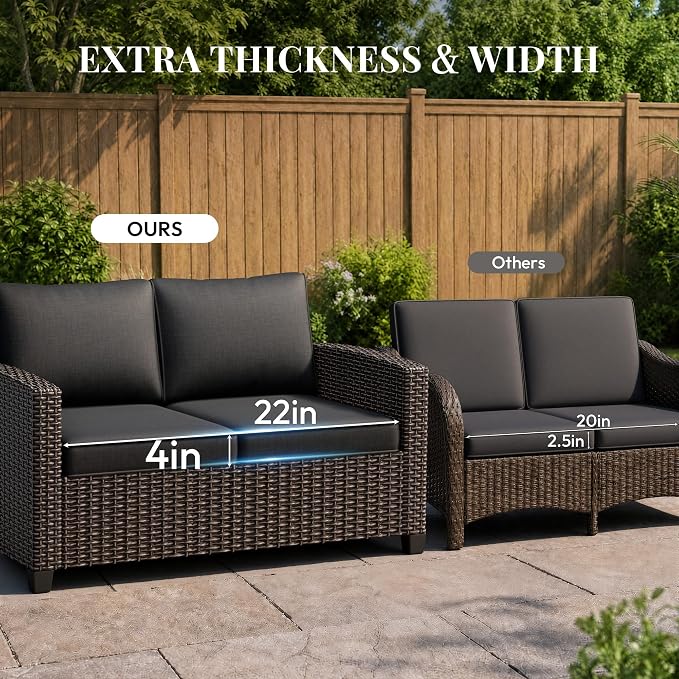 WWR Patio Furniture Set-30% Thicker Wicker-Luxury 1 Piece PatioWicker Outdoor Patio Conversation Set with Extra Wide & Thick Cushions, Loveseat, Rattan Outdoor Furniture Set for Backyard, Porch & Deck