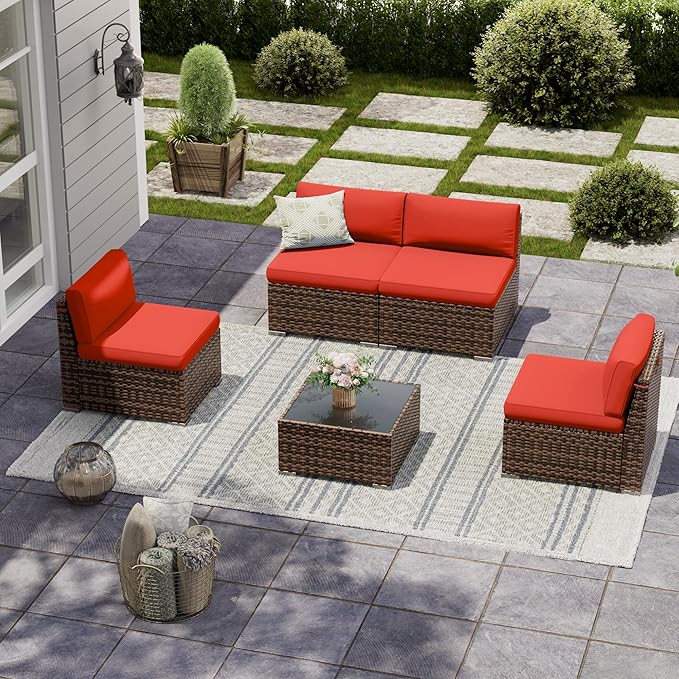 UDPATIO Patio Furniture Set, Modular Outdoor Sectional with 105°Slanted Back, 5 Pieces Rattan Conversation Set for Poolside, Backyard, Deck, with Coffee Table, Waterproof Cover, Red
