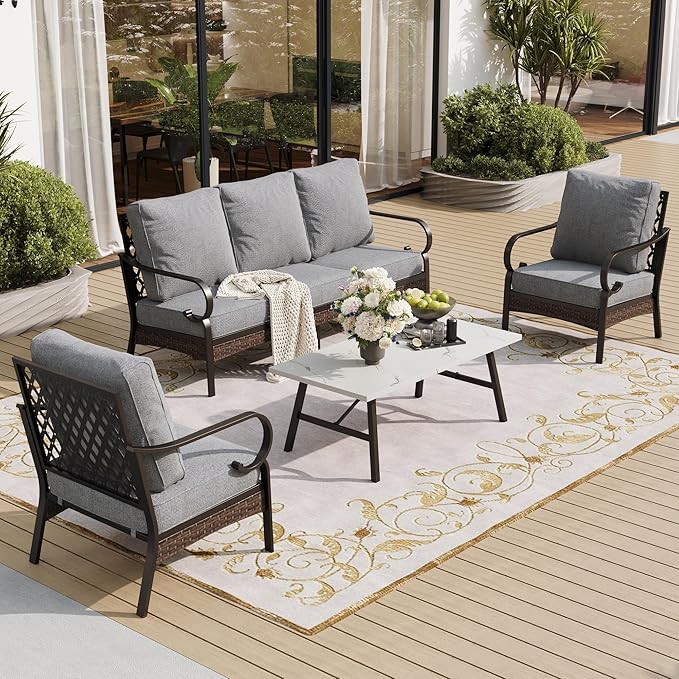 4 Piece Metal Outdoor Patio Furniture Set, Patio Conversation Sets 1 3-Seater Sofa, 2 Chairs with 5.75" Extra Thick Cushion and Coffee Table, Black Frame Backyard Furniture, Gray