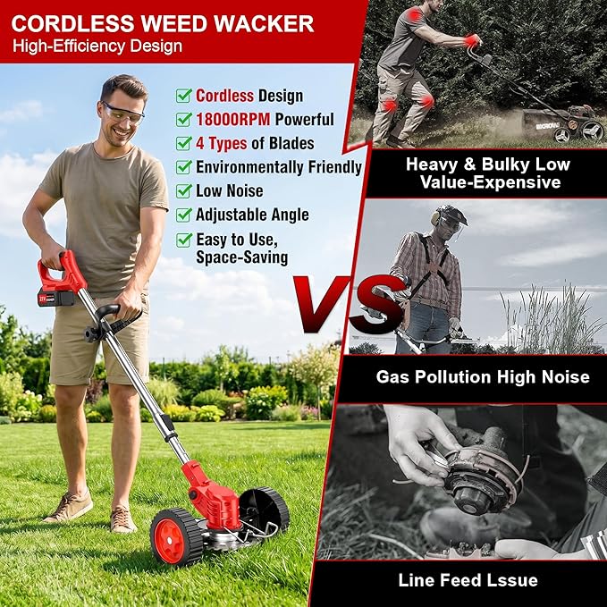21V Cordless Weed Wacker with Wheels, 3-in-1 String Trimmer/Lawn Edger/Brush Cutter, 2x2.0Ah Battery & 3 Blades, Adjustable Height, Lightweight & Easy for Thick Weeds & Small Yards – Homeowner