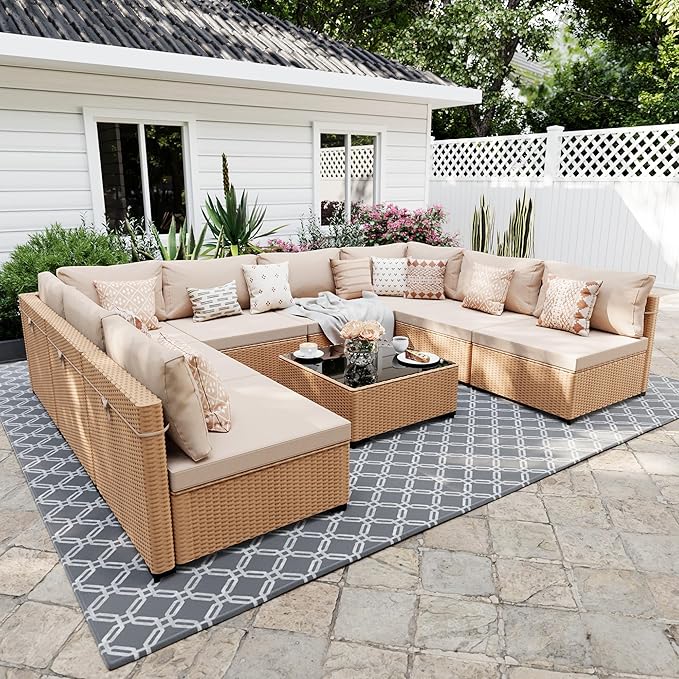 UPHA 9 Pieces Patio Furniture Sets, Wicker Outdoor Sectional Sofa Couch with Coffee Table, Patio Conversation Set for Deck Backyard Garden, Beige Rattan, Beige Cushion
