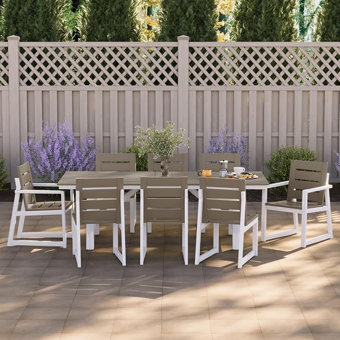 WestinTrends Cape May 9-Piece HDPE Outdoor Furniture Patio Dining Table with Umbrella Hole and Chairs Set for 8, Weathered Wood