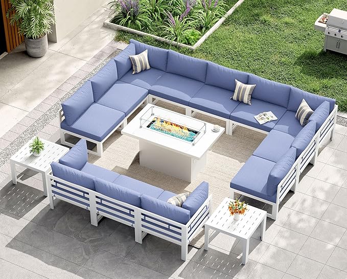 NICESOUL 15 Piece Extra Large Aluminum Outdoor Furniture Set with Firepit, Luxury Patio Sectional with Coffee Table, 500lbs Sturdy Comfortable Couch Sofa Conversations for Outside Garden, Denim Blue