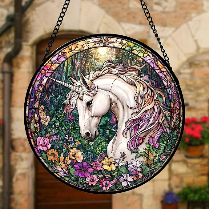 DASTOLL Stained Glass Window Hanging, Unicorn Flowers Suncatcher for Doors Home Sun Catchers Decoration and Christmas, Mother's Day Birthday Gifts for Women, Men, and Mom 6.3 in