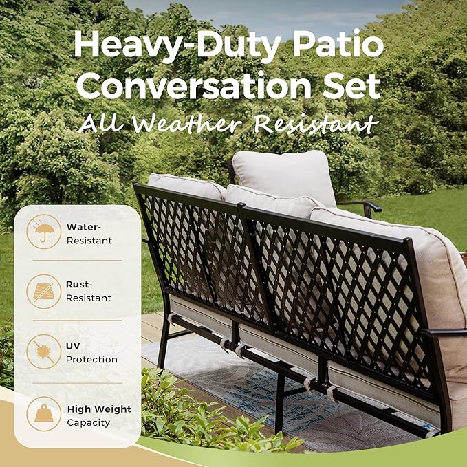 Patio Furniture Set 5 pcs, Outdoor Patio Furniture Set, 3-Seat Sofa, 2 Rocking Chairs, 2 Ottomans and 5.75" Extra Thick Cushion, Patio Conversation Set for Garden Backyard Deck,Beige