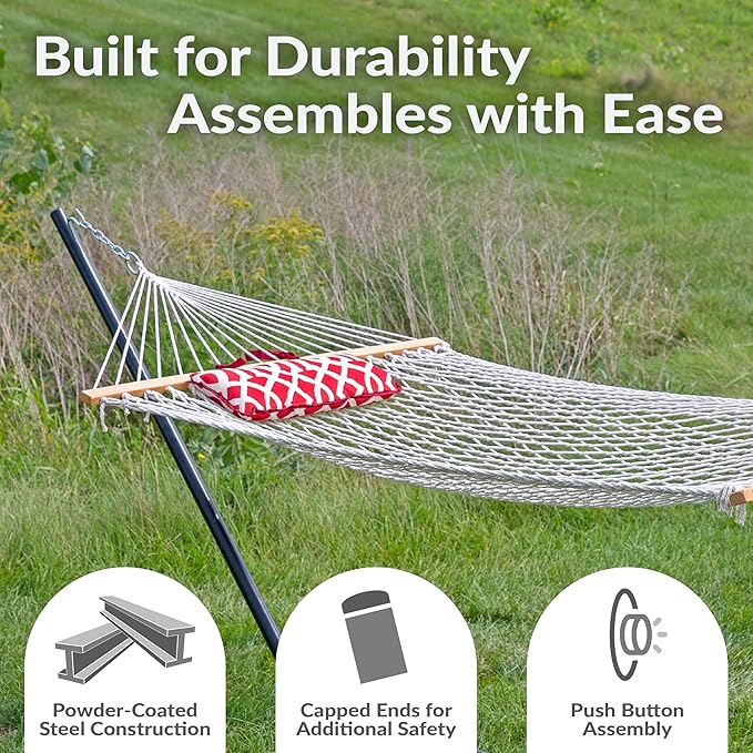 Sunnydaze Rope Hammock with Stand for Outside- 275-Pound Capacity - Includes 12-Foot Hammock Stand, Spreader Bar, Pad, and Pillow - Royal Red