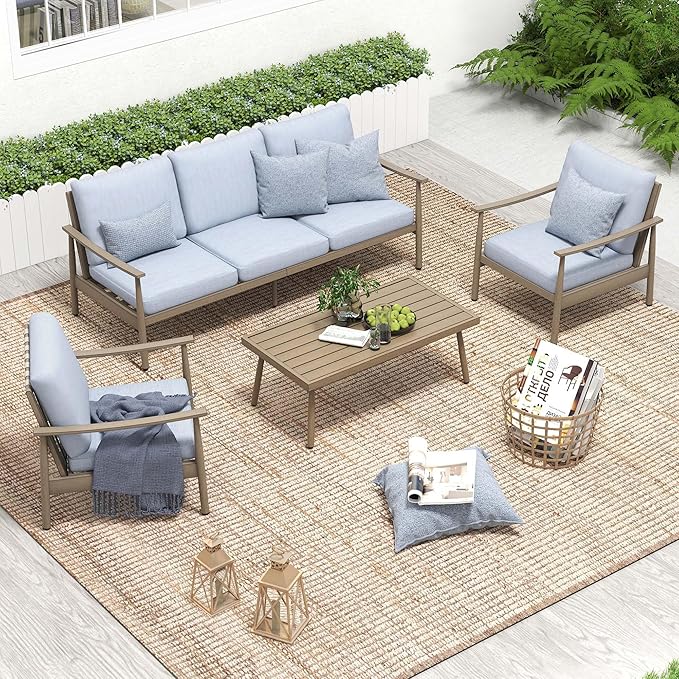 HAPPATIO Patio Outdoor Furniture Set - 4 Piece Aluminum Patio Conversation Set with 1 Coffee Table, 2 Armchairs and 1 Three-Seater Sofa, Aluminum Outdoor Furniture Set for Backyard Poolside(Brown)