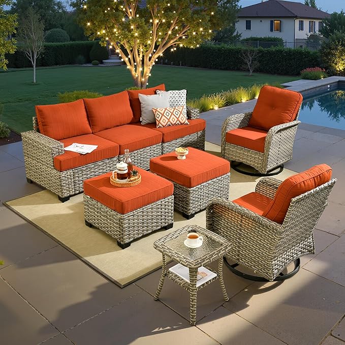 ovios 8 Piece Patio Sectional Furniture with Swivel Rocking Chairs, Rattan Wicker Coversation Couch Set, Outdoor Sofa Set for Outside Porch Balcony Backyard Pool, Orange