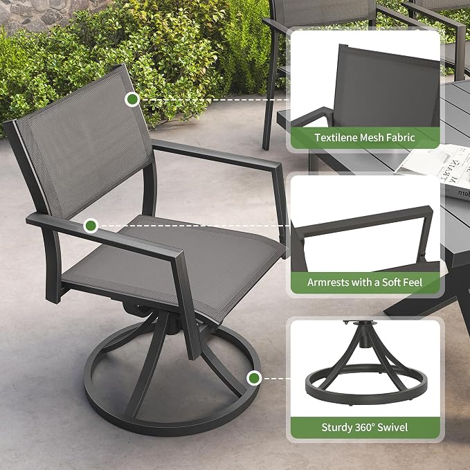 Outdoor Dining Set, 9 Piece Expandable Dining Table and Patio Swivel Chairs Set, Aluminum Patio Furniture Set for Table with Umbrella Hole and 8 Chairs for Patio, Garden, Lawn, Deck(Black)