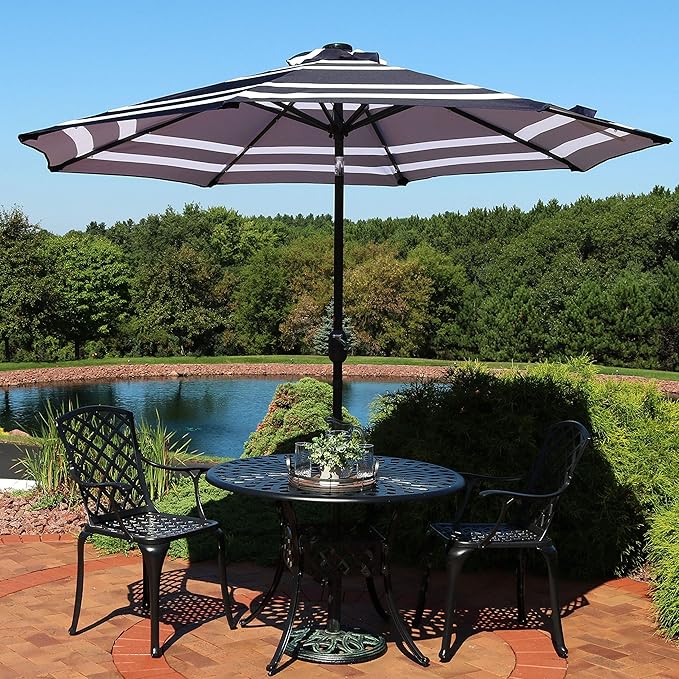 Sunnydaze 9 ft Striped Patio Umbrella with Solar Lights - Polyester LED Table Market Umbrella with Tilt and Crank - Navy Blue Stripe