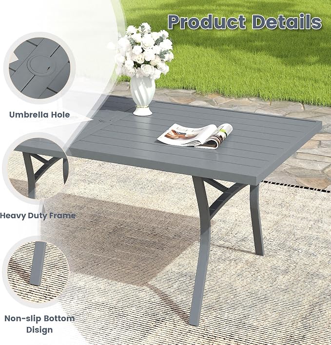 VICLLAX 9 Pieces Patio Outdoor Dining Set, 8 Swivel Textilene Chairs and 70" Rectangular Metal Table with Umbrella Hole for Porch, Deck, Garden, Dark Grey/Grey