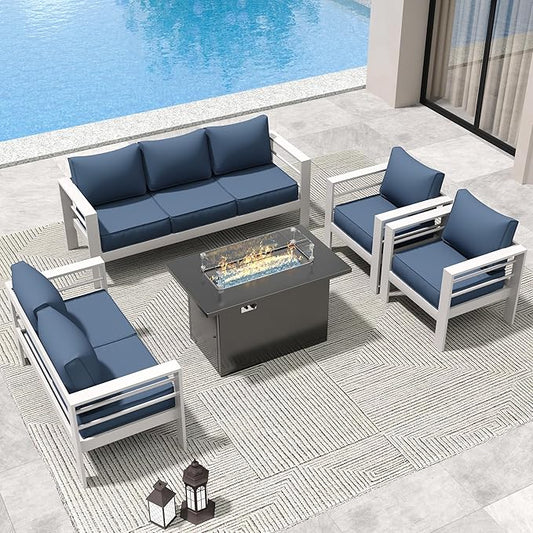 Amopatio Patio Furniture with Fire Pit, 8 Pcs Aluminum Outdoor Metal Patio Sofa Set with Aluminum Fire Pit Table,White&Blue(Included Waterproof Covers)