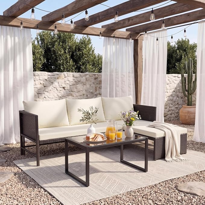 Tappio 3 Pieces Patio Furniture Sectional Sets, 3-Piece Outdoor PE Rattan Furniture Sets, Outdoor All-Weather PE Rattan Wicker Lawn Conversation Sets with Cushion and Glass Table