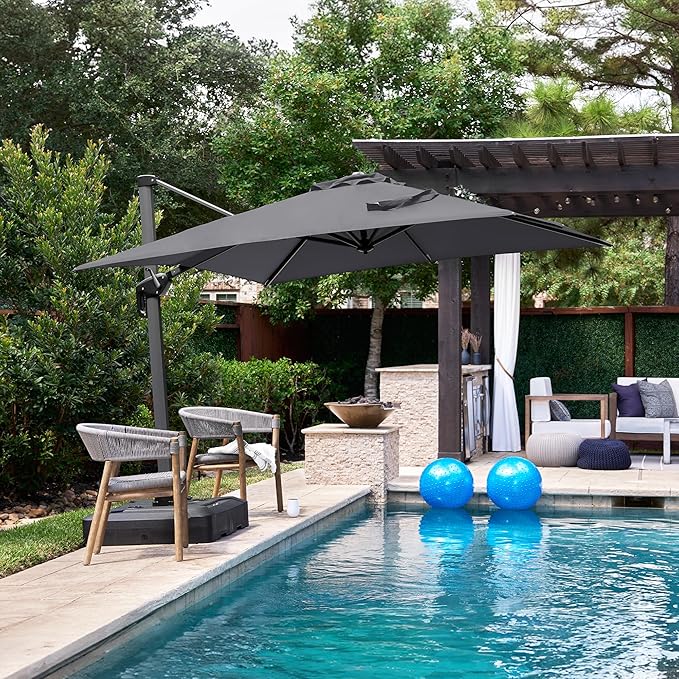PURPLE LEAF 8' X 8' Patio Umbrella with Base for Pool 7' High Offset Outdoor Cantilever Umbrella Swimming Pool Umbrella with 360°Rotation for Poolside Grey