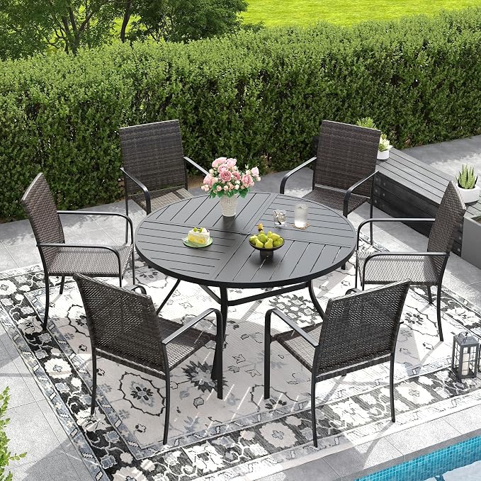 DIFY 7 Piece Outdoor Dining Set for 6, 47.2" Black Round Metal Dining Table with Umbrella Hole and Stackable Wicker Patio Chairs, All-Weather Patio Table and Chairs Set for Deck Garden Backyard