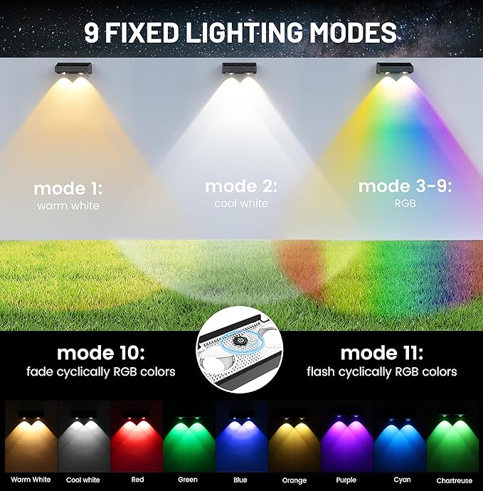 Solar Fence Lights 9-Color RGB Solar Lights Outdoor Waterproof Garden Wall Lights Solar Powered for Outside Backyard,Pathway,Yard,Party,Festival 8 Pack