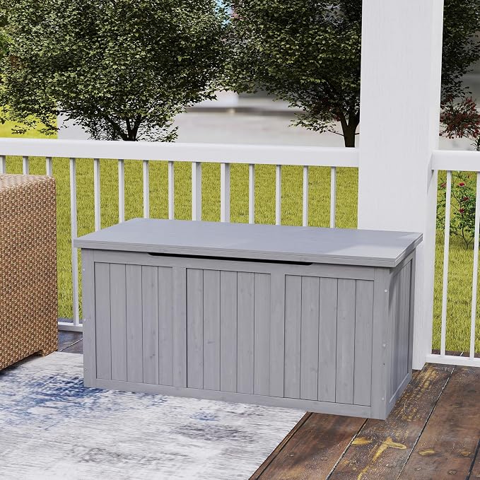 Domesto 112 Gallon Extra-Large Outdoor Deck Box, Solid Wood Storage Box Seat & Table Top, For Patio Cushions, Pool, Garden Tools (Grey, 67 Gallon)