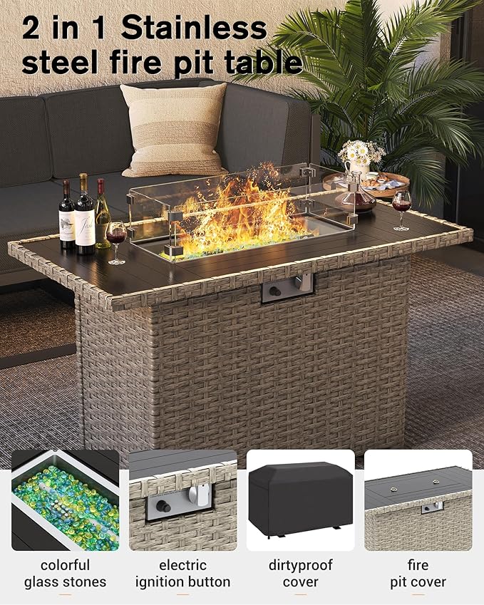 UDPATIO Aluminum Patio Furniture Set with Fire Pit Table, Modular Oversized Outdoor Sectional of Olefin 5 inch Cushion, Coffee Table and Waterproof Cover, Patio Conversation Sets for Porch, Deck