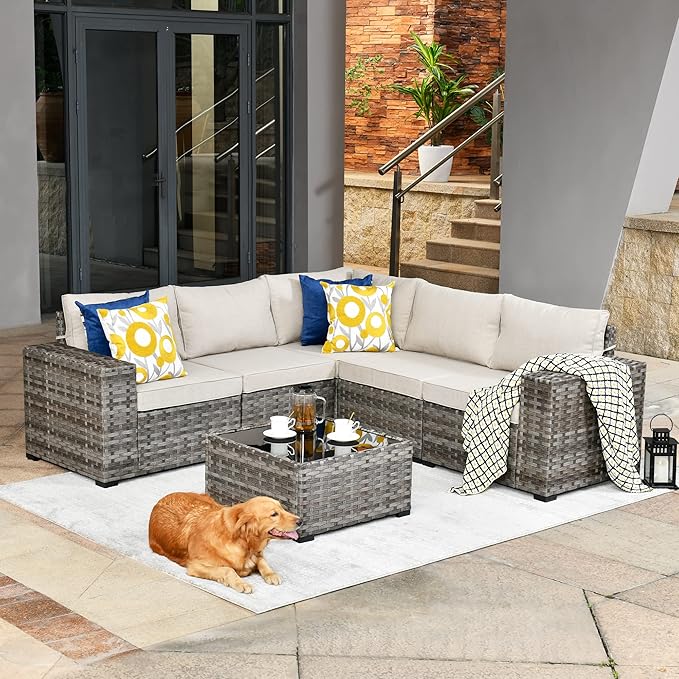 HOOOWOOO Outdoor Patio Sectional Furniture Sofa Set with Widened Armrest,6 Piece Small Modern Wicker Couch,Modular L Shaped Conversation Seating Set with Table for Out Door Garden Corner(Beige Tan)