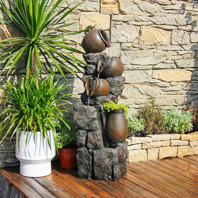 45.67''H Water Fountain Outdoor with Planter Pot 5 Tiers Cascading Waterfall Garden Fountains Indoor LED Lights Water Feature Decor for Porch Patio Backyard Deck