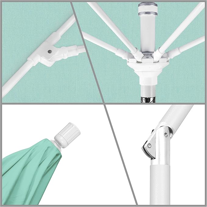 California Umbrella 9' Round Aluminum Pole Fiberglass Rib Market Umbrella, Crank Lift, Collar Tilt, White Pole, Sunbrella Canvas