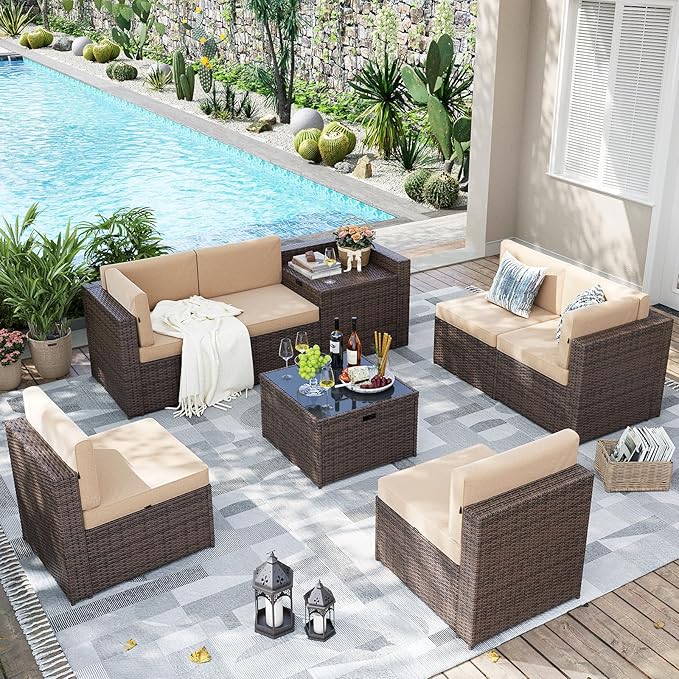 Aoxun 8 Piece Patio Furniture Set, Wicker Outdoor Furniture Set with Storage Box, Patio Sectional Set with Thickened Cushions, Waterproof Cover and 25.6" Coffee Table (Brown& Khaki)