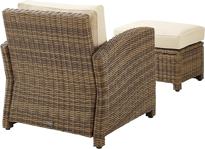 Crosley Furniture Bradenton 2-Piece Outdoor Chair and Ottoman Set, Wicker Patio Conversation Sets for Porch, Brown with Sand Cushions
