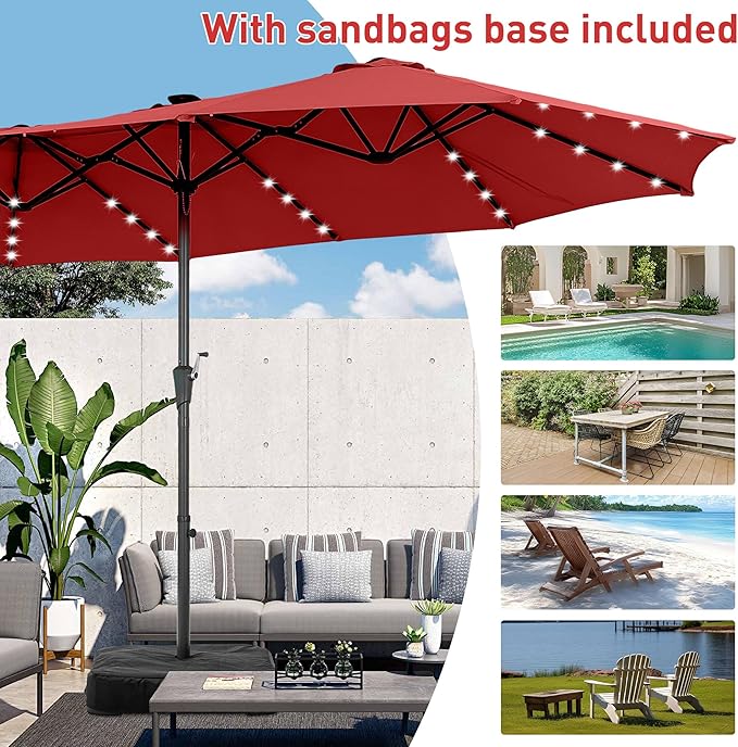 15 ft Patio Umbrella with 48 LED Lights, Large Rectangle Outdoor Solar Umbrella with Matching Base, Strap, Crank, Red