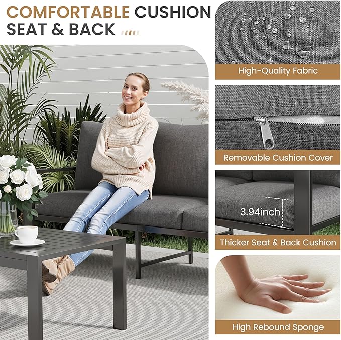 Aluminum Patio Conversation Set with Coffee Table 5 Pieces Deck Outdoor Furniture 7-Seat All-Weather Rust-Proof Sectional Sofa Set with Removable Cushion for Backyard, Poolside & Small Spaces