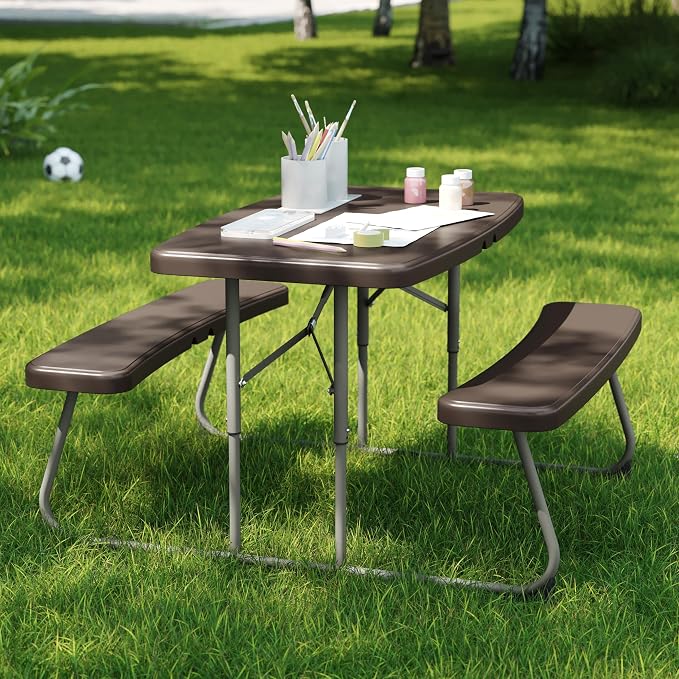Flash Furniture Paige Easy-Fold Kids Outdoor Picnic Table and Benches - Commercial Grade Folding Plastic Play Table - Recommended for up to Age 5 - Brown
