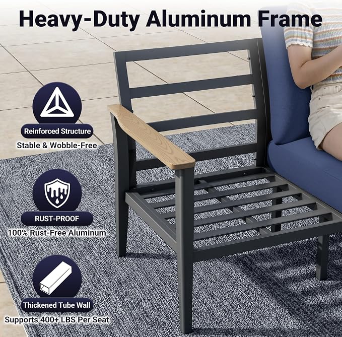 Aluminum Outdoor Patio Furniture Set, 5-Piece Outdoor Sofa with 5.1" Thick Cushions, Swivel Rocking Chairs, 55,000 BTU Propane Fire Pit Table, Outdoor Couch for Backyard, Balcony, Navy Blue