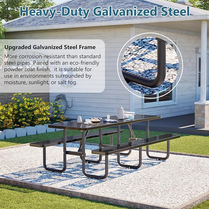 96" Heavy Duty Outdoor Picnic Table for 10, Galvanized Steel Frame with Umbrella Hole, 882LBS Capacity, Mesh Top – Picnic Camping Patio Garden Black