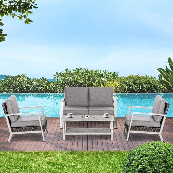 Outsunny Aluminum Patio Furniture Set, 5 Piece Modern Outdoor Conversation Set with Loveseat Sofa, Chairs, Cushions, Coffee Table & Side Table, Gray